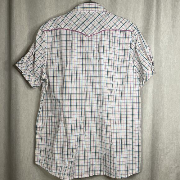 Bit & Bridle Womens Pearl Snap Shirt Large Pink Blue White Plaid Pockets Western - Picture 6 of 8